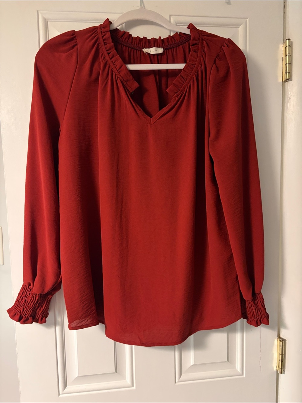 Ruffled V-Neck Long Sleeve Blouse in Red